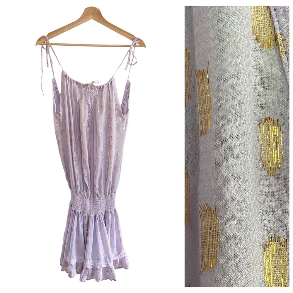 Sunday St. Tropez Lavender Purple Gold Metallic Lilas Smocked Waist Dress Small